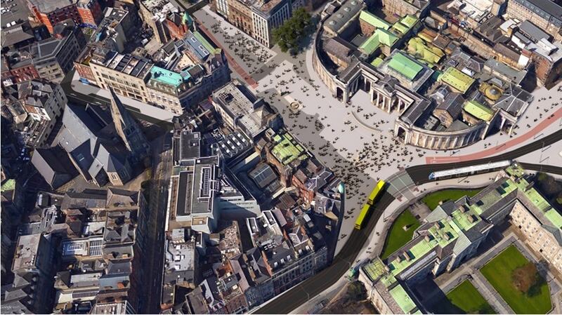 From the air: How pedestrianisation of College Green in Dublin would appear to a bird.  Illustration: Dublin City Council