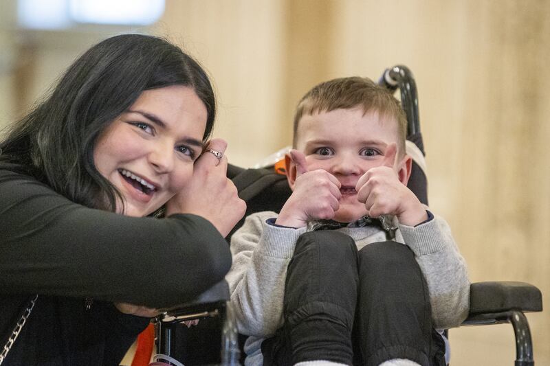 Dáithí Mac Gabhann and his mother Seph Ni Mheallain at Parliament Buildings at Stormont on Tuesday. Photograph: Liam McBurney/PA