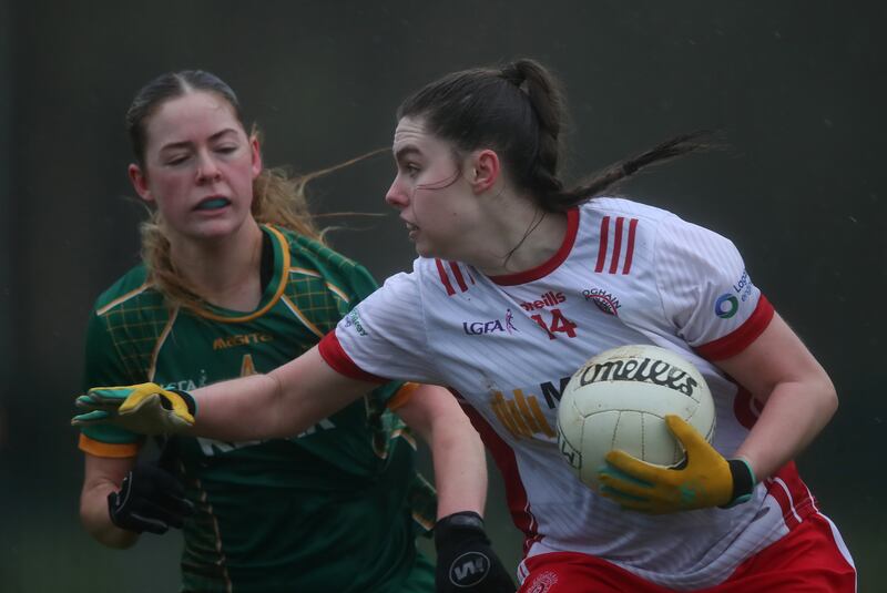 Meath's Nicole Troy tackles Tyrone's Maria Canavan. Photograph: Leah Scholes/Inpho