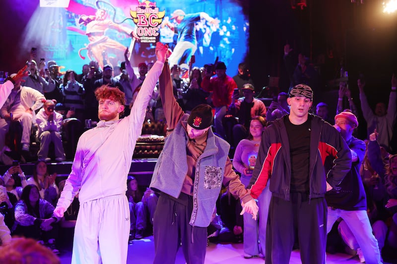 Red Bull BC One National Cypher: B-boy Aleon (Leon Dwyer) declared the winner by Judge B-Boy Menno  against B-boy Sunsid (Eduard Huk). Photograph: Alan Betson