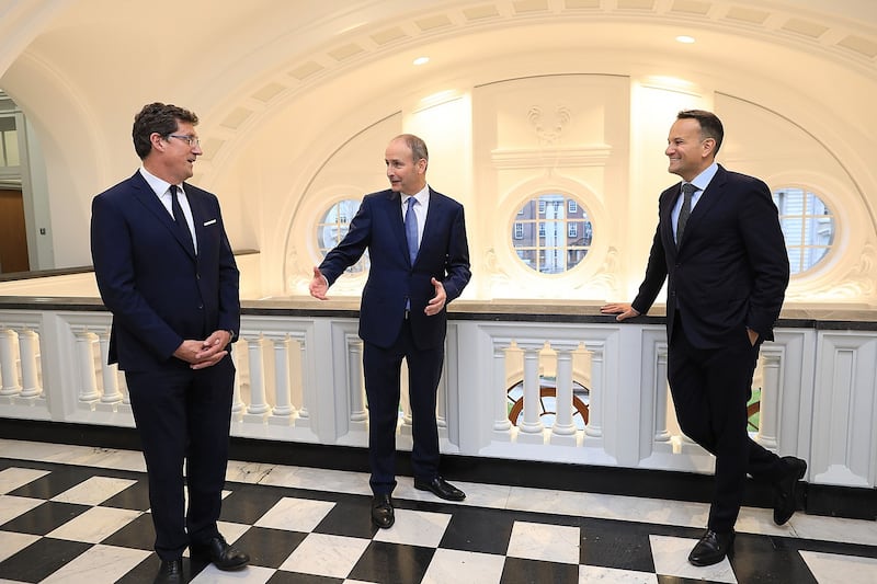 Micheál Martin, Leo Varadkar and Eamon Ryan at Government Buildings. Photograph: Julien Behal