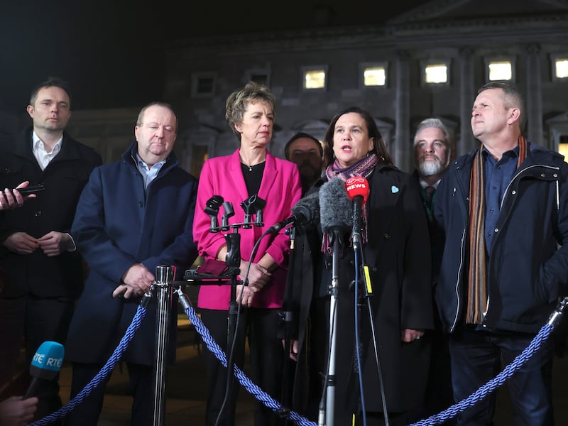 Venting their spleen: Cian O'Callaghan (Social Democrats), Michael Collins (Independent Ireland), Ivana Bacik (Labour), Mary Lou McDonald (Sinn Féin) and Richard Boyd Barrett (People Before Profit) describe their disgust at events surrounding Regional Independents'  speaking rights outside Leinster House on Wednesday, after the Dail had been adjourned. Photograph: Sam Boal/Collins Photos