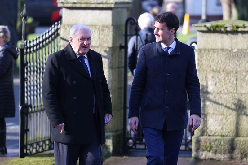 Former taoiseach Bertie Ahern and Jack Chambers TD at the State funeral of former taoiseach, John Bruton. Photograph: Dara Mac Dónaill 