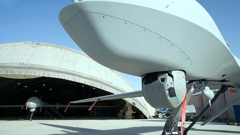 A pilotless Predator aircraft sits by a hanger at Kandahar Air Field in  Afghanistan. Photograph: David Bathgate/Corbis via Getty Images