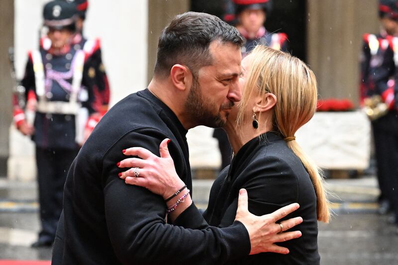 Italy's PM Giorgia Meloni greets President Volodymyr Zelensky upon his arrival for their meeting at Palazzo Chigi in Rome. Photograph: Alberto Pizzoli/Getty Images