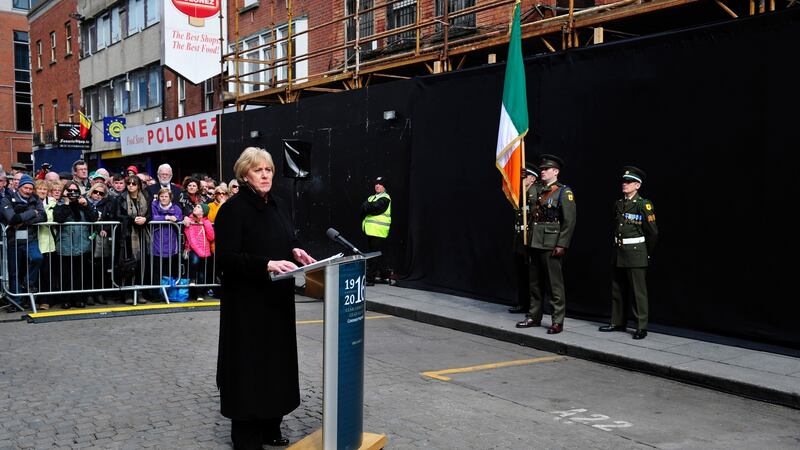 Minister for Heritage Heather Humphreys speaks  at a wreath-laying ceremony at Moore Street, Dublin, on Easter Monday, 2016. Photograph: Aidan Crawley