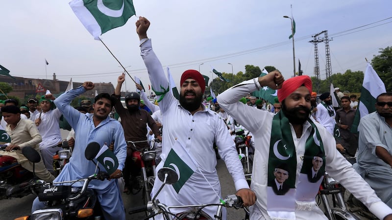 Pakistan’s Sikh minority celebrate the country’s independence day, in Peshawar, Pakistan, on Monday. Pakistan  celebrates independence on August 14th, one day earlier than India. Photograph: Arshad Arbab