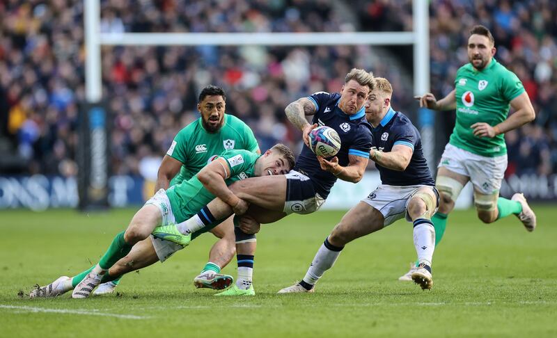 Garry Ringrose gets to grips with Stuart Hogg during last year's Six Nations clash with Scotland. Photograph: James Crombie/Inpho