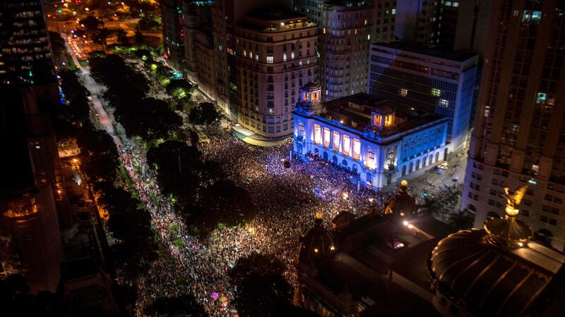 Aerial view of  a massive demonstration against the murder of Brazilian councilwoman and activist Marielle Franco in front of Rio’s Municipal Chamber, downtown Rio de Janeiro, Brazil, on Thursday night. Photograph: Mauro Pimentel/AFP/Getty Images