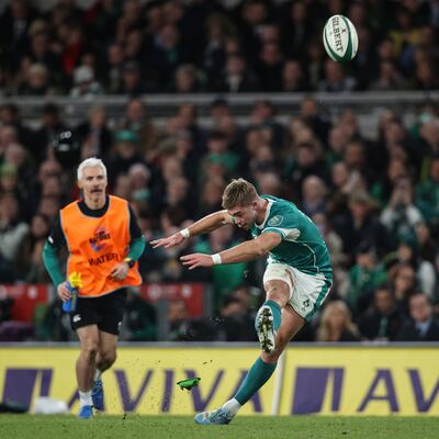 Ireland's Jack Crowley takes a place kick against Argentina. Photograph: Ben Brady/Inpho