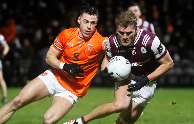 Galway's Sam O'Neill and Armagh’s Tomás McCormack at Pearse Stadium on Saturday. Photograph: Evan Logan/Inpho