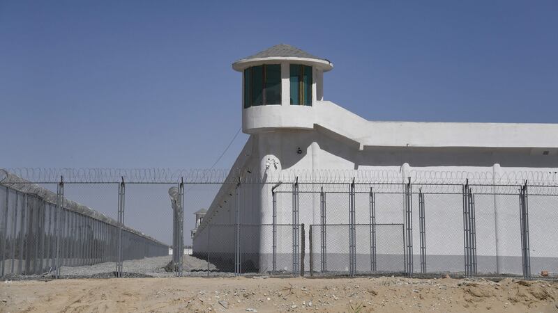 A watchtower near what is believed to be a re-education camp where Muslim ethnic minorities are detained, on the outskirts of Hotan, in China’s northwestern Xinjiang region. Photograph: Greg Baker/AFP