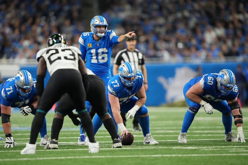 Jared Goff of the Detroit Lions calls out to teammates before a play against the Jacksonville Jaguars. Photograph: Nic Antaya/Getty Images