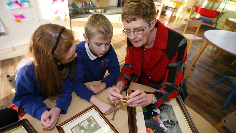 May Moran with cousins Sean Moran and Áine from Cootehall NS, whose great grand father was Paddy Moran’s brother. Photograph: Brian Farrell.