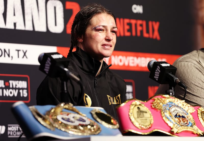 Katie Taylor speaks during the post-match press conference at AT&T Stadium in Arlington, Texas. Photograph: Sarah Stier/Getty Images