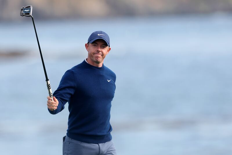 Rory McIlroy celebrates winning the AT&T Pebble Beach Pro-Am. Photograph: Ezra Shaw/Getty Images