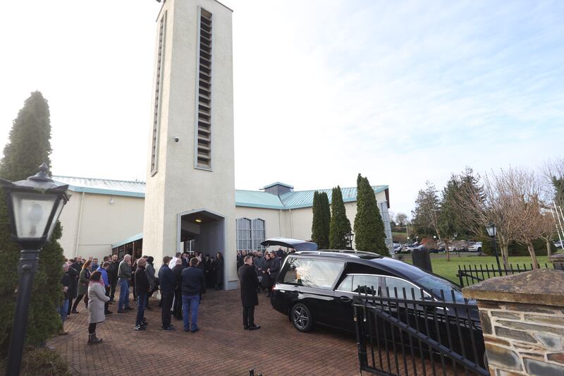 The coffin of Kacper Dudek is taken from St Patrick's Church in Murlog, Lifford, Co Donegal, following his funeral Mass. Photograph: Liam McBurney/PA Wire