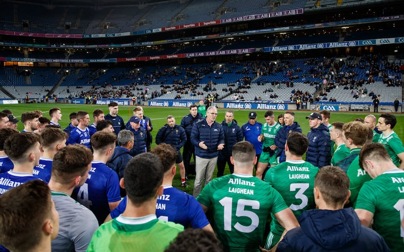 GAA president Jarlath Burns speaks to the Leinster and Munster teams after the Interprovincial Shield Final at Croke Park. Photograph: Ben Brady/Inpho