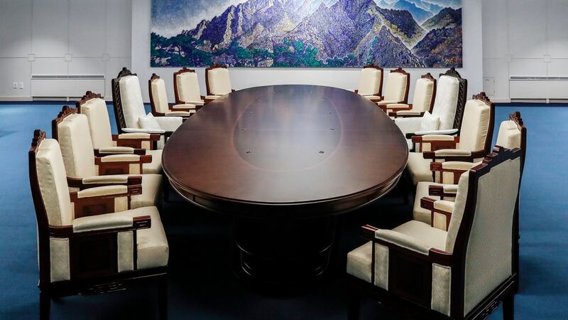 A meeting room for Friday’s inter-Korean summit between South and North Korea in Panmunjom in the Demilitarized Zone, South Korea. Photograph:  South Korea Presidential Blue House via AP