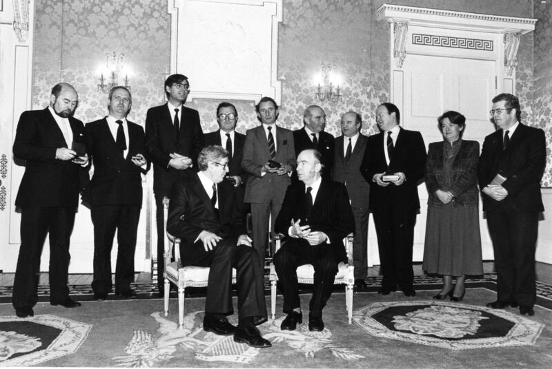 The 1986 Cabinet re-shuffle. Front row, left to right: then taoiseach Dr Garret FitzGerald, President Patrick Hillery. Back row left: Ruairí Quinn; John Bruton; Alan Dukes; Paddy O'Toole; John Boland; Paddy Cooney; Barry Desmond; Michael Noonan; Gemma Hussey; and Liam Kavanagh.  Photograph: Paddy Whelan