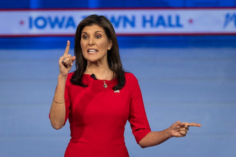 Nikki Haley hopes that voting in Iowa will make her the leading Republican alternative to Donald Trump. Photograph: Christian Monterrosa/AFP via Getty Images