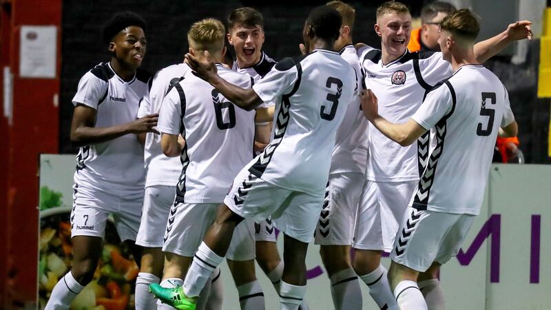 Bohemians players  celebrate after  Ali Reghba scored from the penalty spot in the Uefa Youth League first round second leg game against FC Midtjylland at Dalymount Park. Photograph: Oisín Keniry/Inpho