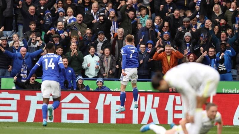 Harvey Barnes celebrates scoring what turned out to be the winner for Leicester.  Photograph:  James Williamson/ AMA/Getty Images