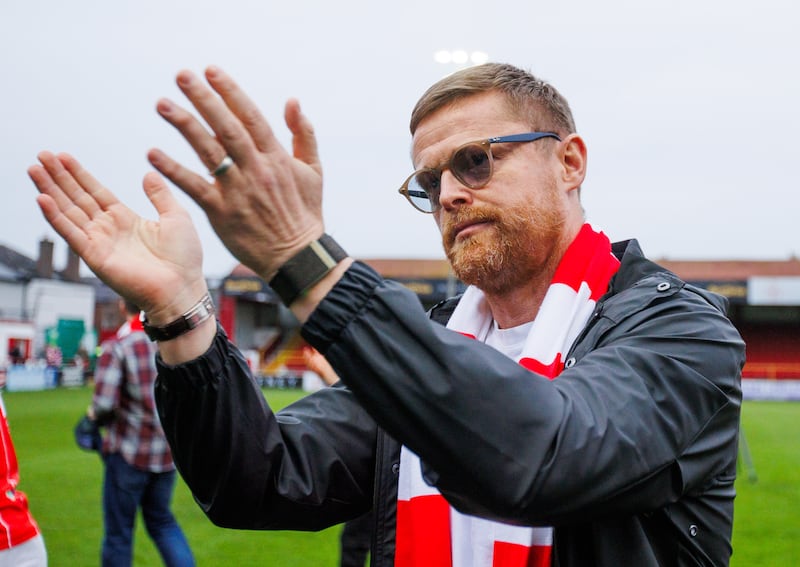 Shelbourne manager Damien Duff applauds the fans during the title homecoming at Tolka Park on Saturday. Photograph: Tom Maher/Inpho 