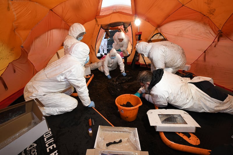 Archaeologists from the PSNI's body recovery team at the site in Bellaghy, Co Derry, where human remains were discovered in 2023. Photograph: PSNI/PA