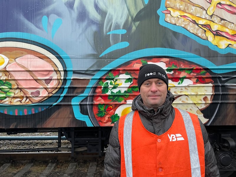 Train manager Vitaly Dudyk and the Food Train that he helps to run in eastern Ukraine. Photograph: Daniel McLaughlin