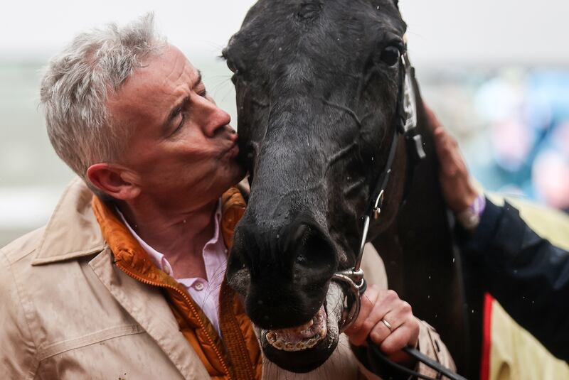 Owner Michael O’Leary celebrates after winning with Delta Work. Photograph: Tom Maher/Inpho
