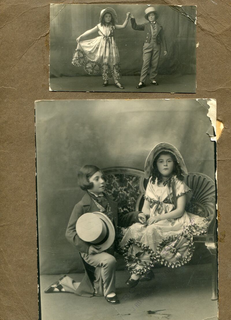 Family photographs of Phyllis Cowan playing dress up as a child with the circular motif on the hem of her skirt, taken in 1930