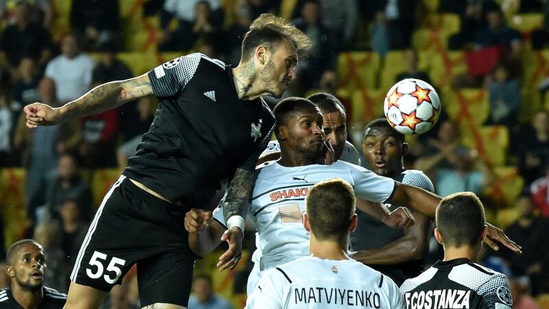 Sheriff’s defender Gustavo Dulanto heads the ball during his side’s victory over  FC Shakhtar Donetsk. Photograph:  Sergei Gapon/AFP via Getty Images