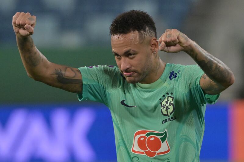 Brazil's forward Neymar gestures during a training session at the Arena Pantanal stadium in Cuiaba, Brazil. Photograph: by Nelson Almeida/ AFP via Getty Images