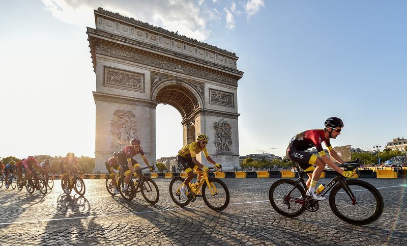 The Arc De Triomphe in Paris during stage 21 of the Tour de France in 2019. The 110th Tour de France will roll out of Bilbao on Saturday morning with Jonas Vingegaard and Tadej Pogacar expected to vie for yellow. Photograph: Pete Goding/PA Wire/PA Wire