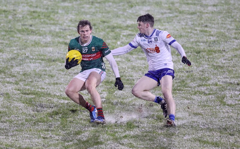 Mayo’s Diarmuid Duffy and Stephen O'Hanlon of Monaghan in action in Castlebar last Saturday. Photograph: James Crombie/Inpho