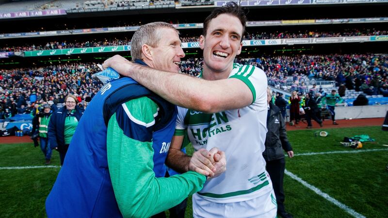 Ballyhale Shamrocks manager Henry Shefflin celebrates at the final whistle with Colin Fennelly. Photograph: Tommy Dickson/Inpho