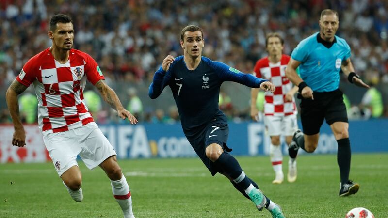 Croatia defender Dejan Lovren in action against France’s forward Antoine Griezmann during the World Cup final in Moscow. Photograph:  Odd Andersen/AFP/Getty Images)