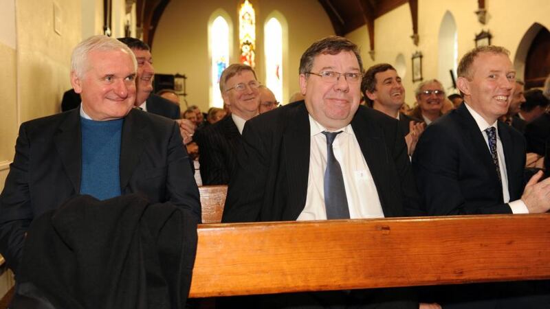 Former taoisigh Bertie Ahern and Brian Cowen and Fianna Fail TD Timmy Dooley at the funeral  mass. Photograph:Eamonn Keogh( MacMonagle, Killarney)