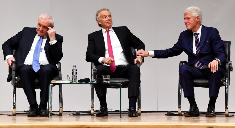 Bertie Ahern, Tony Blair and Bill Clinton attend an event to celebrate the 20th anniversary of the Good Friday Agreement, in Belfast, Northern Ireland, April 10, 2018. REUTERS/Clodagh Kilcoyne - RC19792325C0