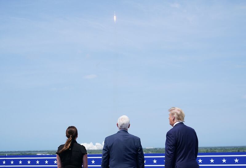 Karen Pence, US vice-president Mike Pence and US president Donald Trump watch the SpaceX launch at the Kennedy Space Center in Florida. Photograph: Mandel Ngan/AFP via Getty