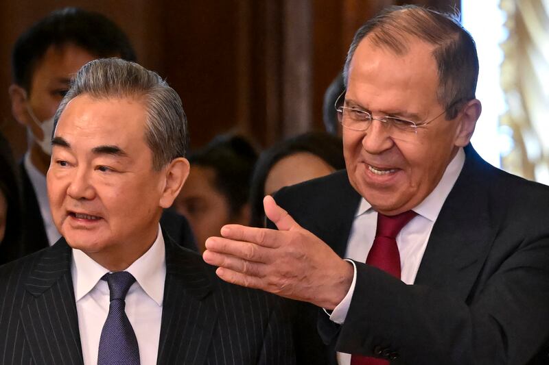 Russian foreign minister Sergei Lavrov and China's director of the office of the central foreign affairs commission Wang Yi in Moscow. Photograph: by Alexander Nemenov/Getty Images