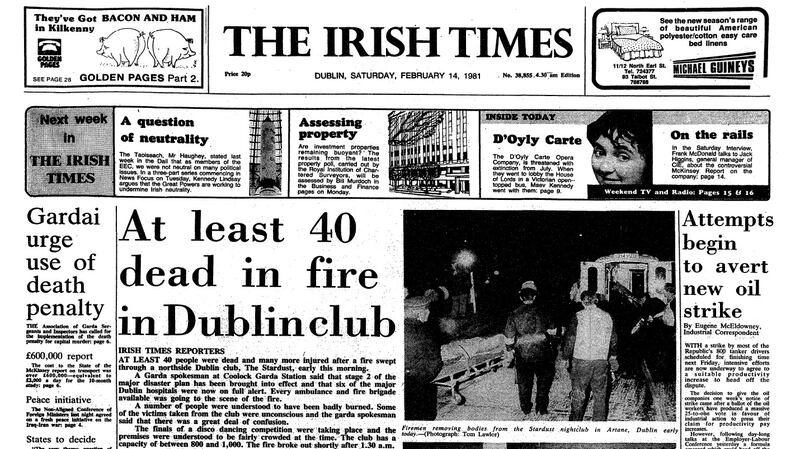 “The Irish Times” frontpage from February 14th, 1981, the morning after the Stardust fire