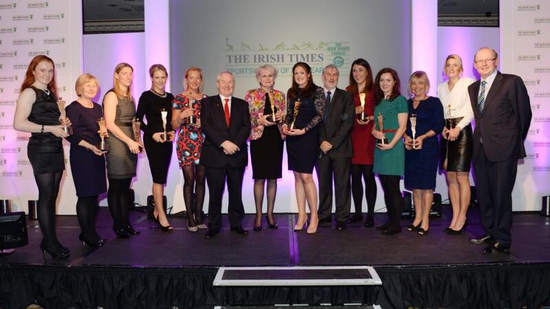 The 12 monthly winners along with former international racing driver Rosemary Smith who was honoured with a Lifetime Achievement Award and Fiona Coghlan, the overall winner of The Irish Times/Irish Sports Council Sportswoman of the Year award. Photograph: Alan Betson