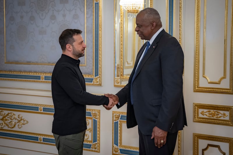 US defence secretary Lloyd Austin with Ukraine's president Volodymyr Zelensky earlier this month. Photograph: Press Service Of The President Of Ukraine via AP