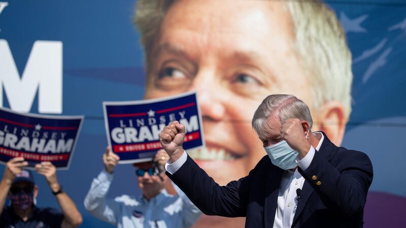 US senator Lindsey Graham arrives to address supporters at a rally at the Charleston Coliseum and Convention Centre in North Charleston, South Carolina. Photograph: Logan Cyrus/AFP via Getty Images