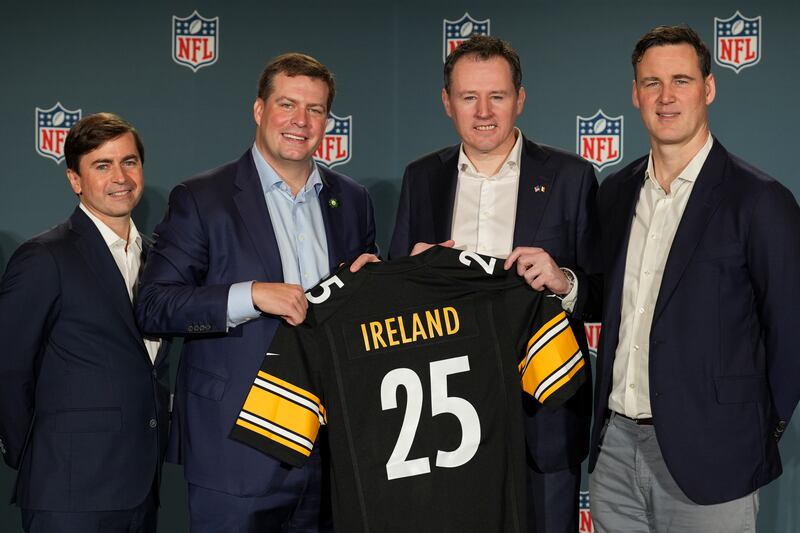 Peter O’Reilly, NFL's Executive Vice President International, League Events and Club Business, Dan Rooney, Director of Business Development & Strategy, Pittsburgh Steelers, Charlie McConalogue, Irish Minister of State for Sport, and Henry Hodgson, NFL's general manager for UK and Ireland. Photograph: Lauren Justice/AP Content Services for the NFL