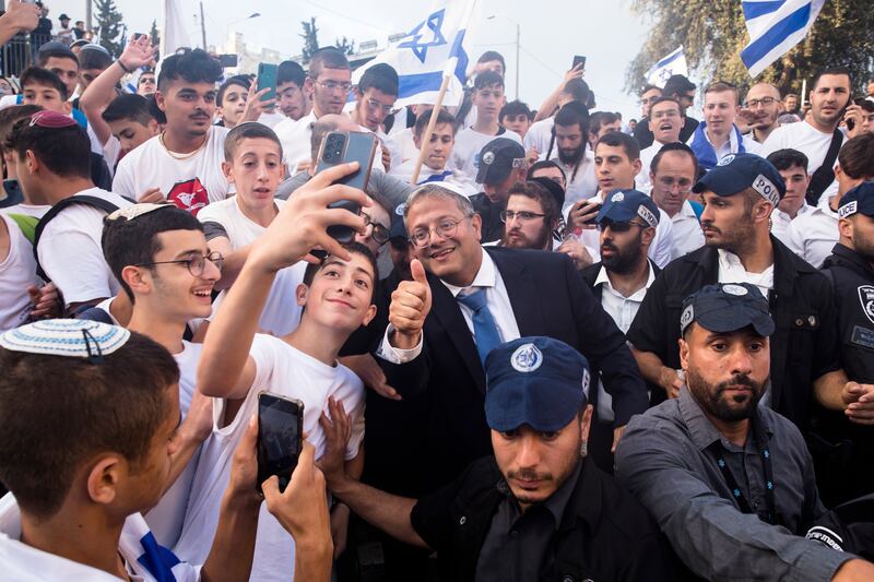 Israel's national security minister Itamar Ben-Gvir during the March of Flags in Jerusalem's Old City Muslim quarter on Thursday: 'Thank God. Jerusalem is ours forever.' Photograph: Amir Levy/Getty Images