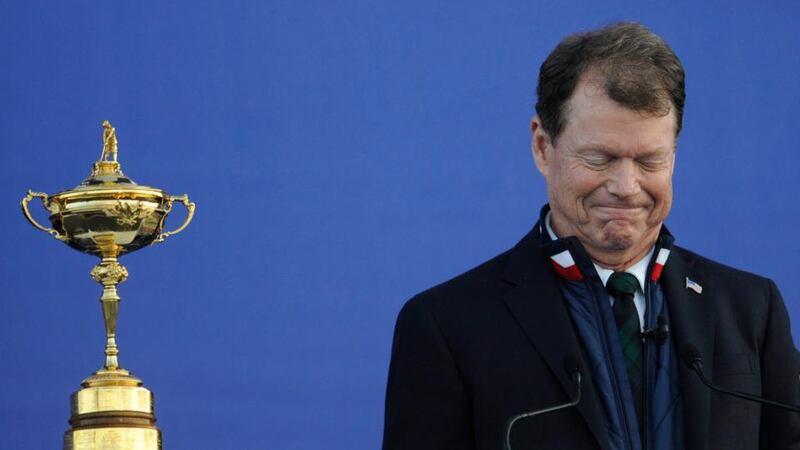 USA captain Tom Watson delivers a speech after losing on the final day of the 40th Ryder Cup at Gleneagles. Photograph: Facundo Arrizabalaga / EPA