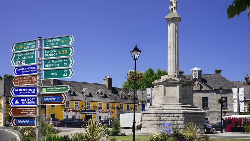 The Octagon with its column and the statue of St Patrick at the centre of Westport, Co Mayo. Photograph: Eye Ubiquitous/UIG via Getty